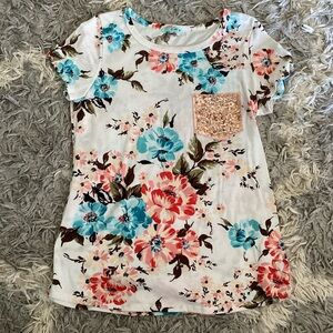 Floral T-Shirt with Sequins Pocket